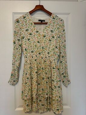 Banana Republic Floral Tiered V-Neck Long Sleeve Dress - White with Pink & Green